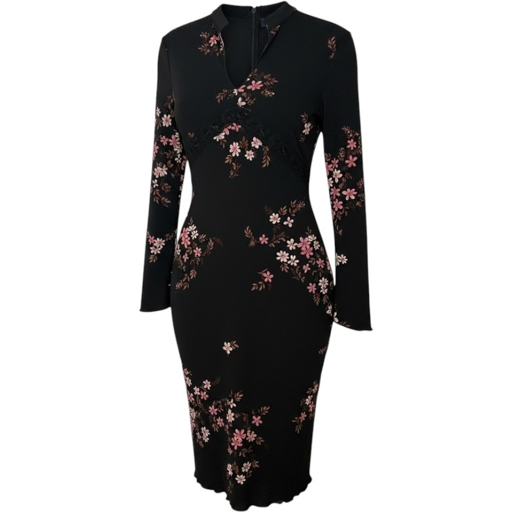 RAG Vintage Black Floral Lace Bell Sleeve Midi Dress Size S Y2K 90s Whimsigoth